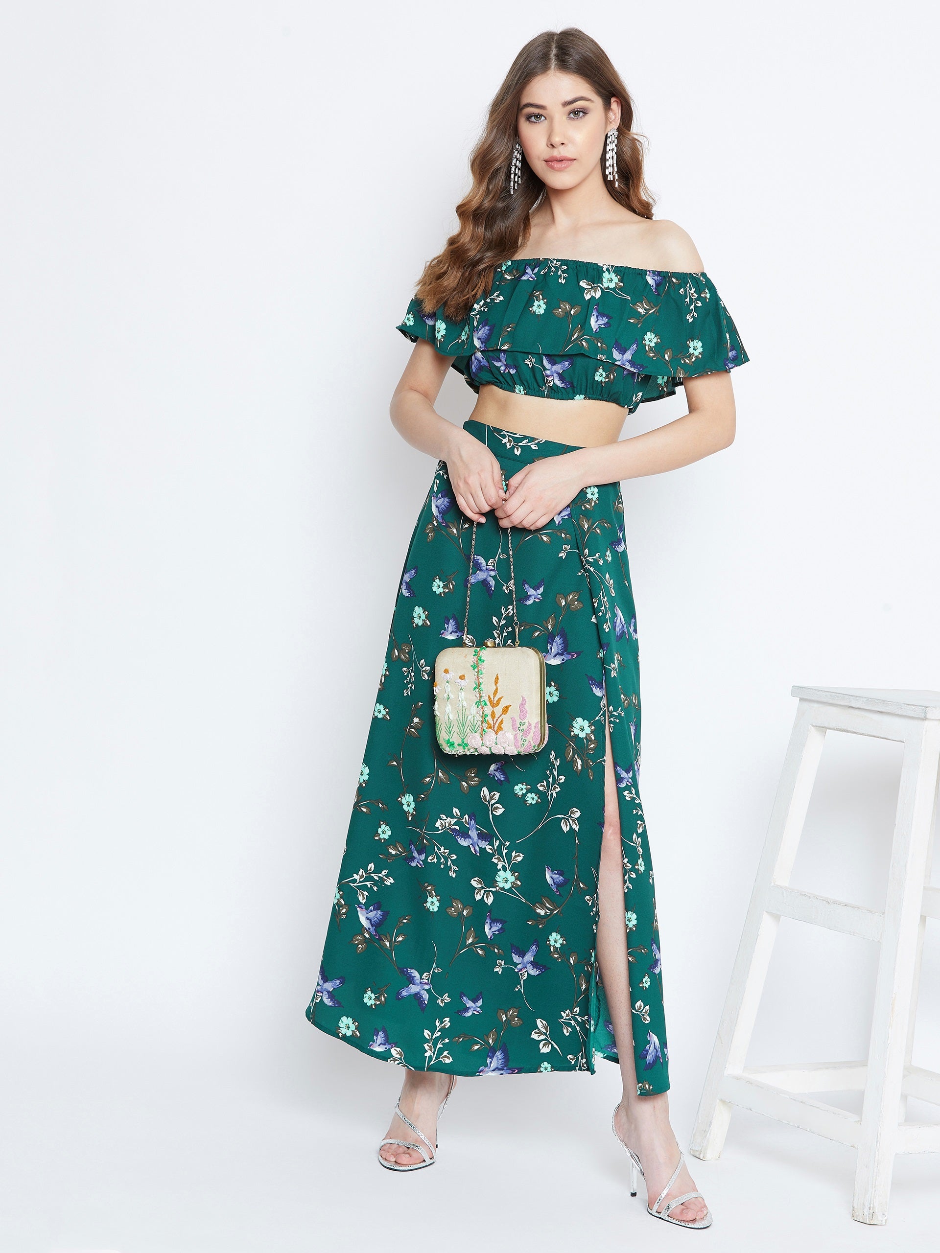 Green Floral Print Two-Piece Maxi Dress